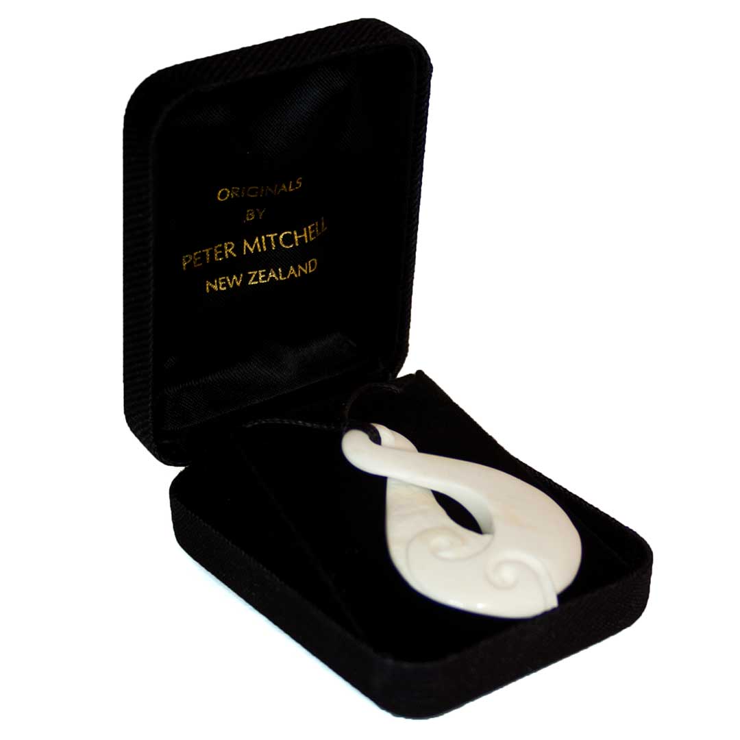 Hand Carved Twist Koru Duo Bone Pendant by Peter Mitchell Box