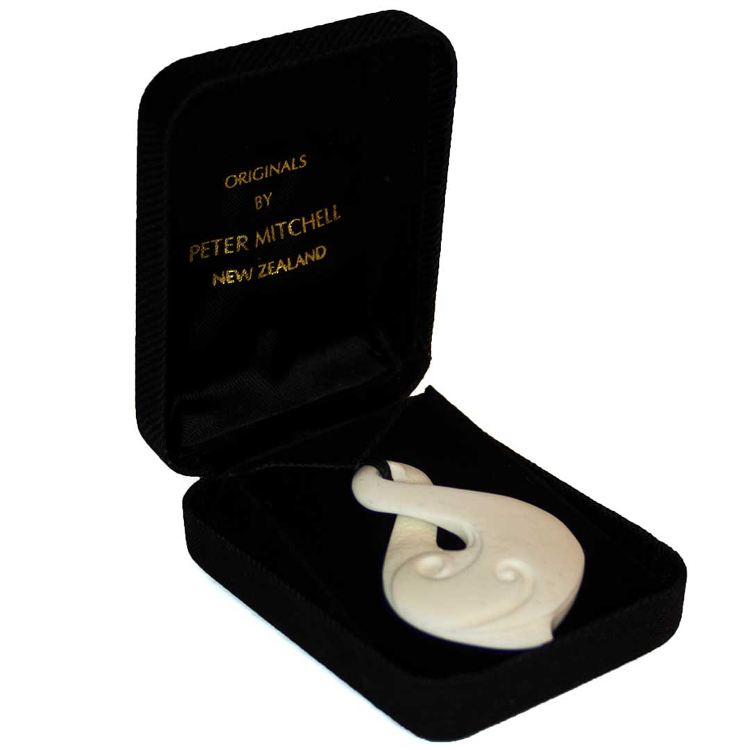 Hand Carved Twist Koru Duo Bone Pendant by Peter Mitchell Box