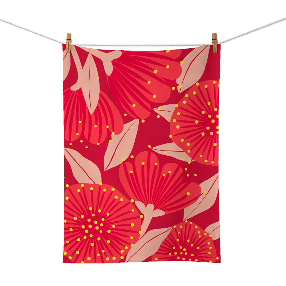 New Zealand Bright Botanical Red Pohutukawa Tea Towel
