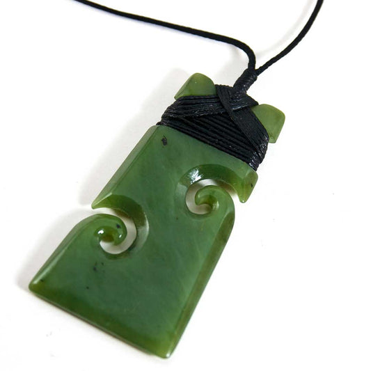 New Zealand Greenstone Hei Toki & Double Koru Pendant Angle