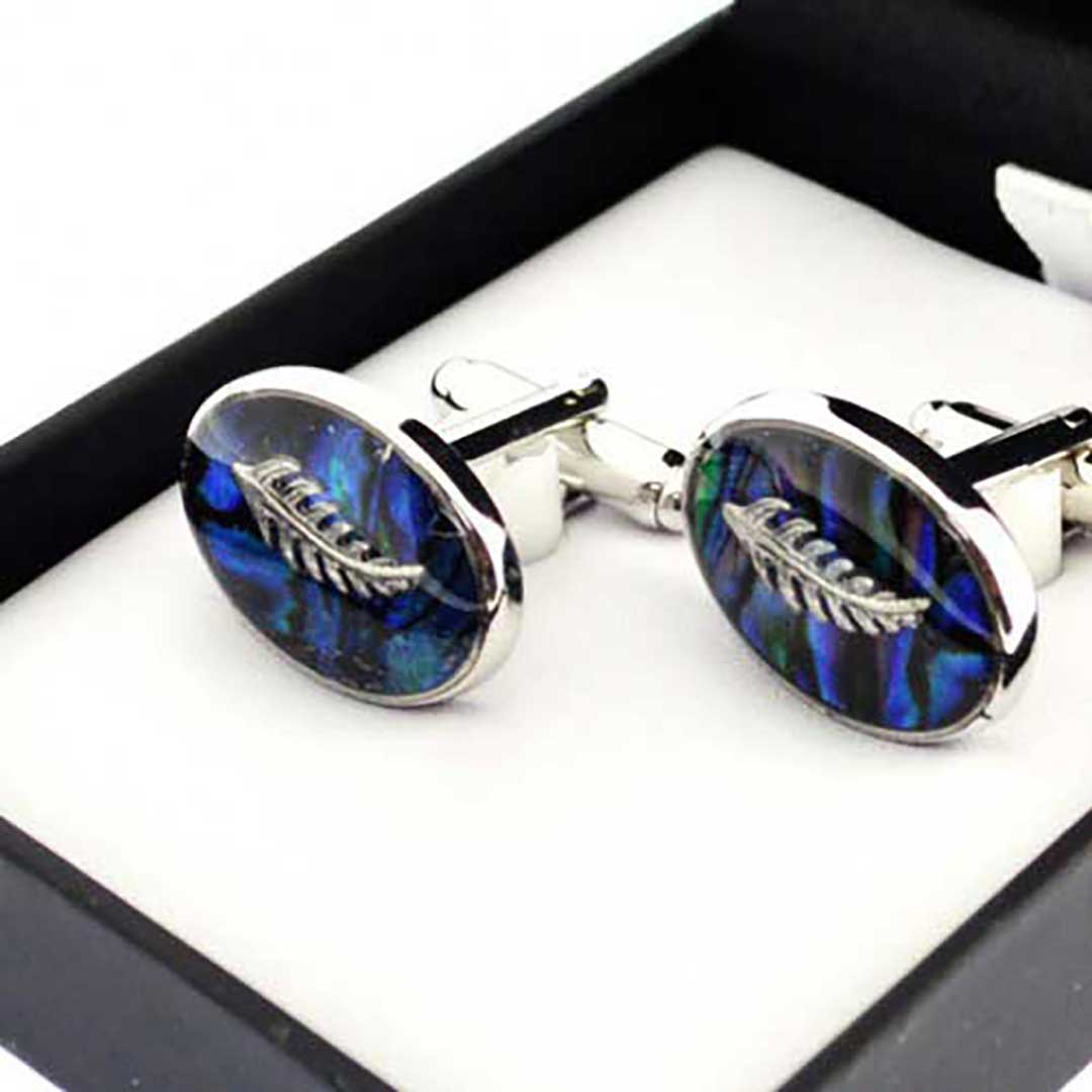 New Zealand Paua Silver Fern Oval Cufflinks Boxed