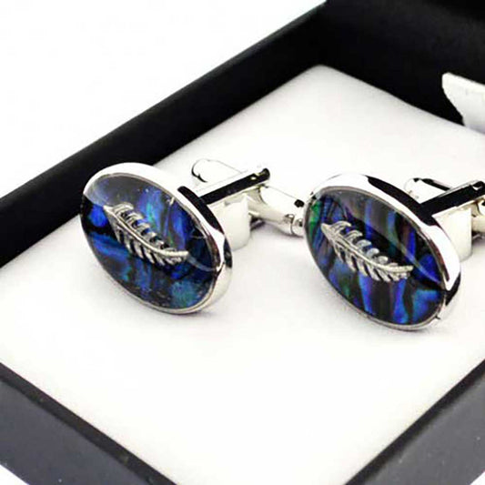 New Zealand Paua Silver Fern Oval Cufflinks Boxed