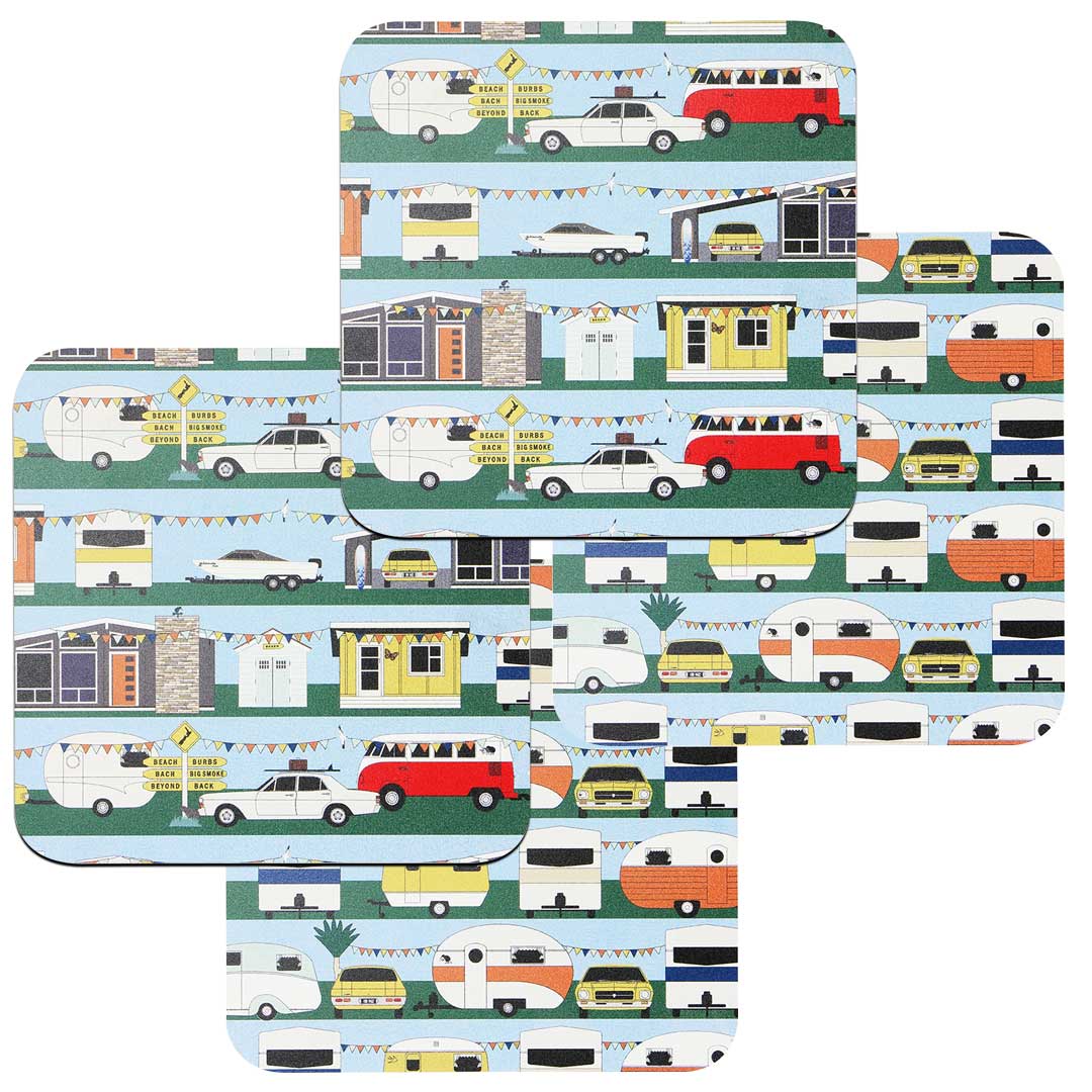 Retro Kiwi Holidays Coasters - Set Of 4