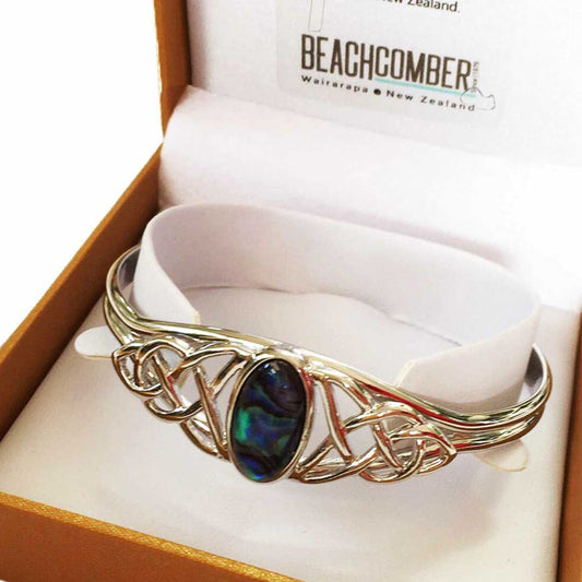 Silvertone Paua Celtic Cuff Bangle Boxed