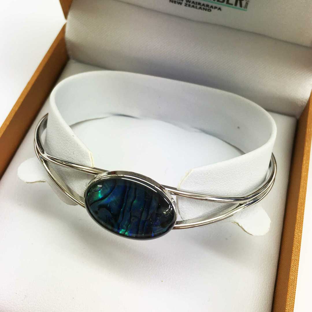 Silvertone Paua Oval Cuff Bangle Boxed