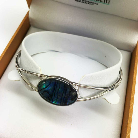 Silvertone Paua Oval Cuff Bangle Boxed