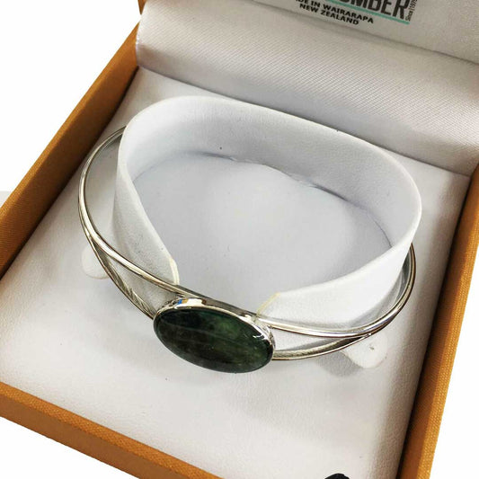 Silvertone Pounamu Oval Cuff Bangle Boxed