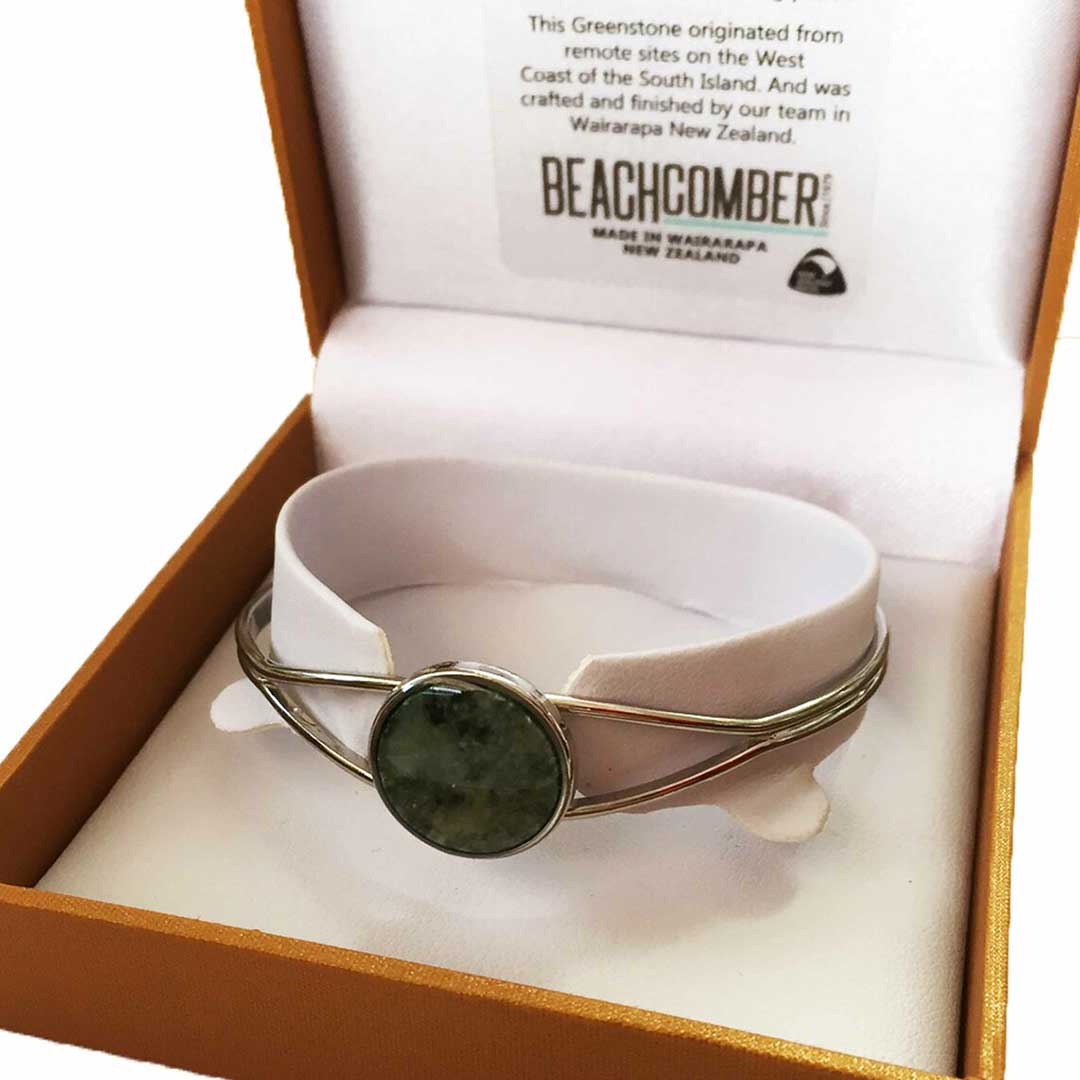 Silvertone Pounamu Round Cuff Bangle Boxed