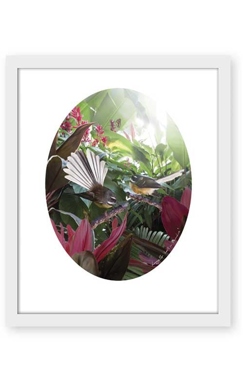 Lost In Paradise - NZ Fantail Oval Framed Art Print by Lucy G White