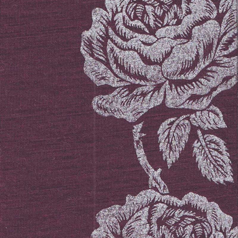 Merino Fingerless Gloves Purple with Vintage Rose Print in Dark Silver Ink by Kate Watts Design