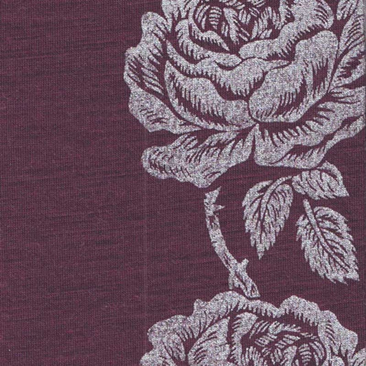 Merino Fingerless Gloves Purple with Vintage Rose Print in Dark Silver Ink by Kate Watts Design