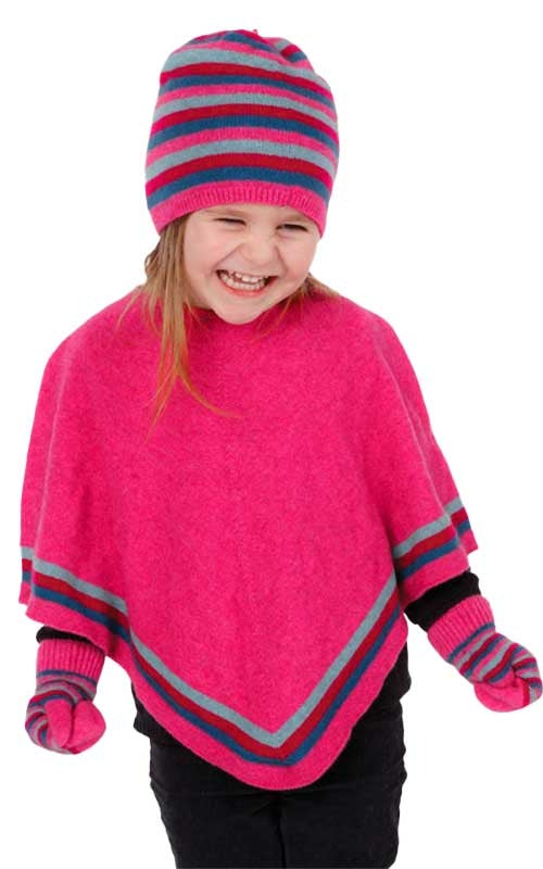 Native World Possum Merino Childrens Striped Poncho Peony