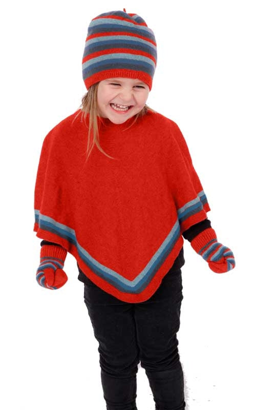 Native World Possum Merino Childrens Striped Poncho Ruby
