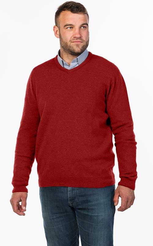 Native World Possum Merino Mens Vee Neck Sweater Red Setter