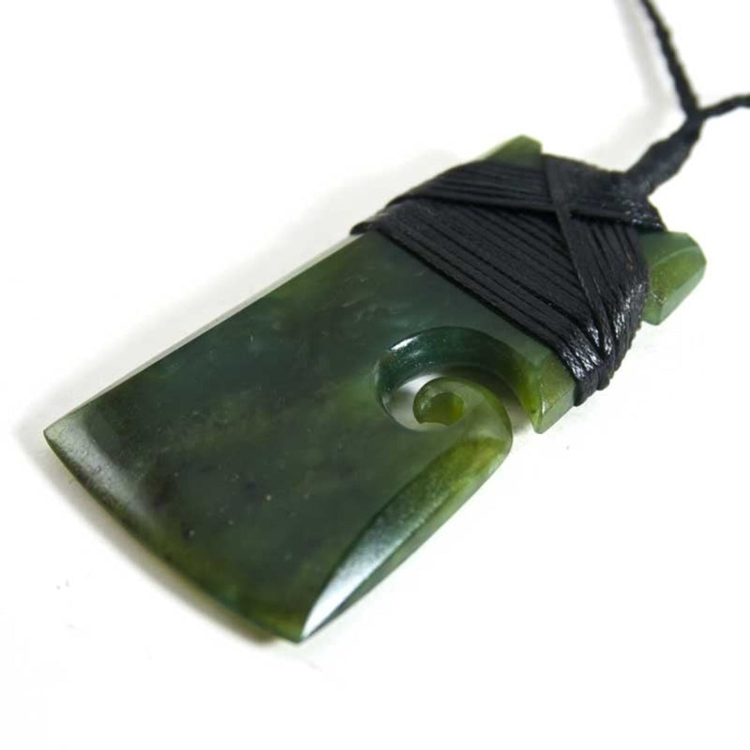 New Zealand Greenstone Hei Toki & Koru Pendant Angle