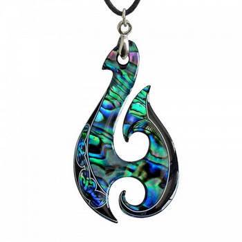 New Zealand Fish Hook Tattoo Paua Shell Pendant