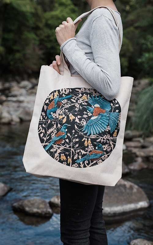 Whanau Tūī ki te kai tahi Hemp Tote Bag by Bec Robertson Model