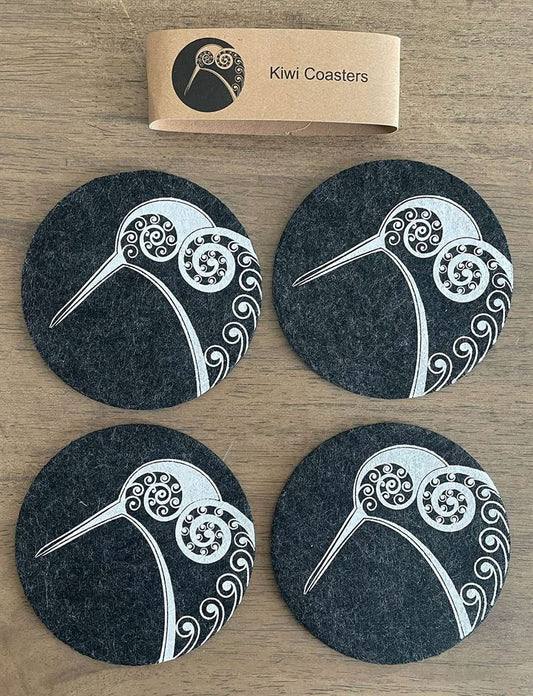 Ecofelt Coasters Kiwi on Dark Grey Set of 4 by Jo Luping