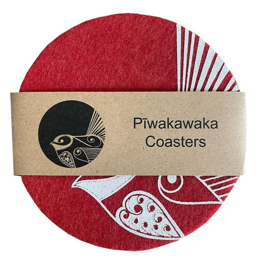 Ecofelt Coasters Piwakawaka on Red Set of 4 by Jo Luping