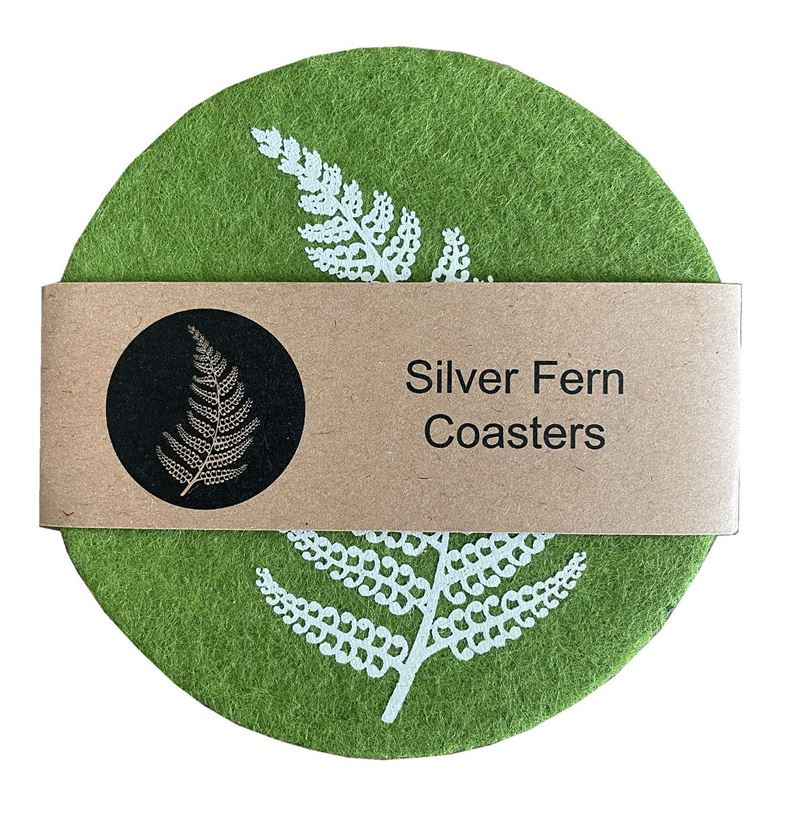 Ecofelt Coasters Silver Fern on Green Set of 4 by Jo Lupin