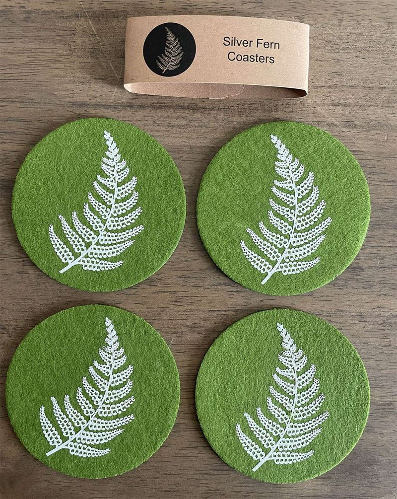 Ecofelt Coasters Silver Fern on Green Set of 4 by Jo Lupin