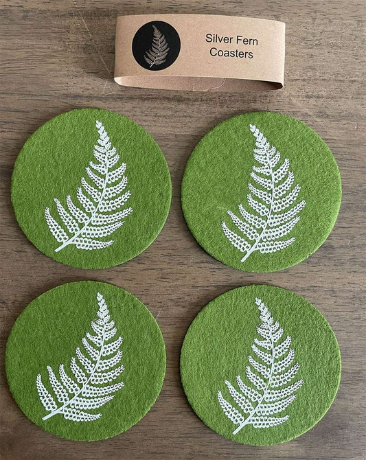Ecofelt Coasters Silver Fern on Green Set of 4 by Jo Lupin