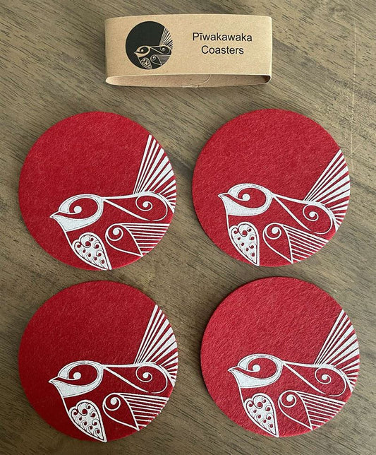 Ecofelt Coasters Piwakawaka on Red Set of 4 by Jo Luping