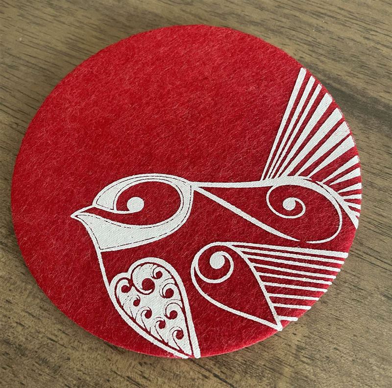 Ecofelt Coasters Piwakawaka on Red Set of 4 by Jo Luping