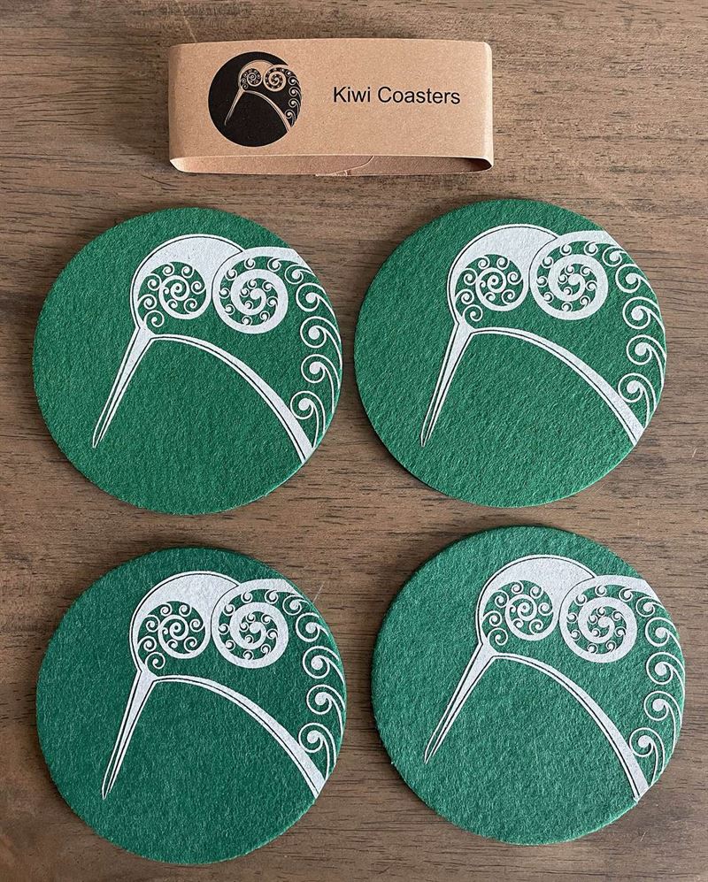 Ecofelt Coasters Kiwi on Green Set of 4 by Jo Luping