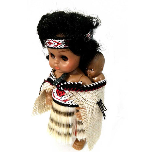 Authentically Clothed New Zealand Maori Wahine Doll with Cloak, Skirt & Baby Over