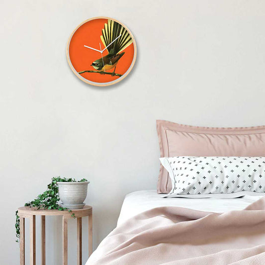 Bright New Zealand Fantail Wooden Frame Wall Clock Room