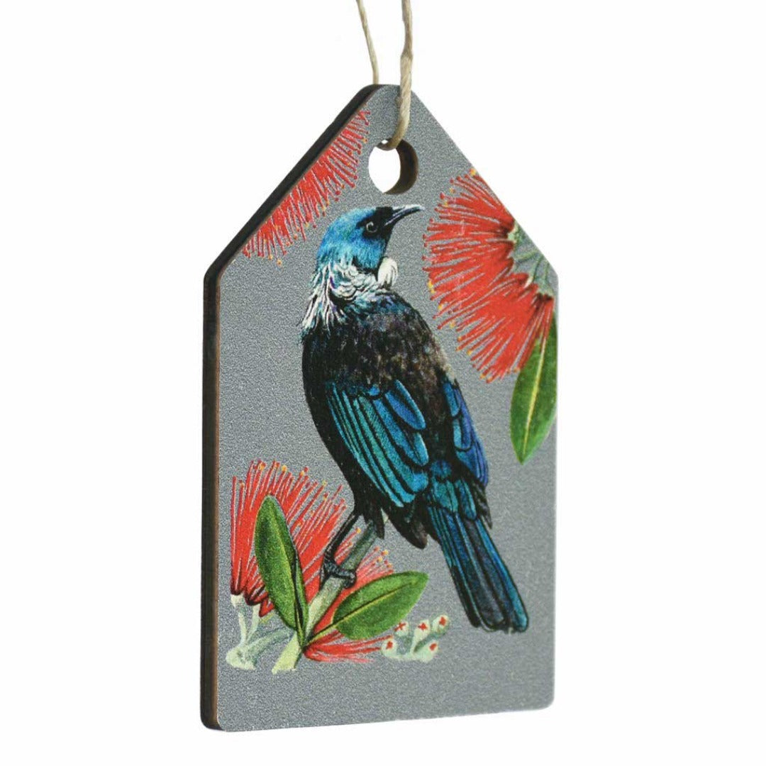 New Zealand Made Wooden Eco Christmas Decoration - Tui on Silver