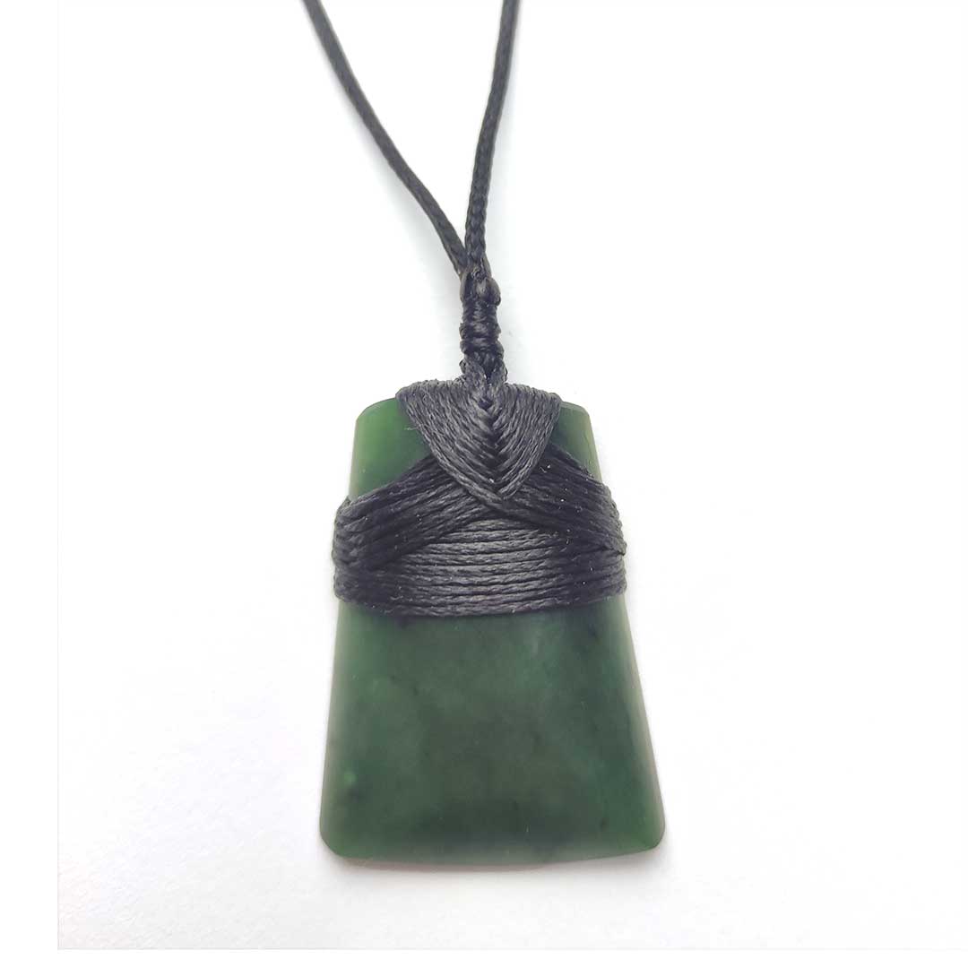 Greenstone Toki Pendant with Lashed Black Cord Front