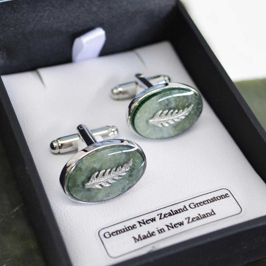 New Zealand Greenstone Silver Fern Oval Cufflinks Boxed