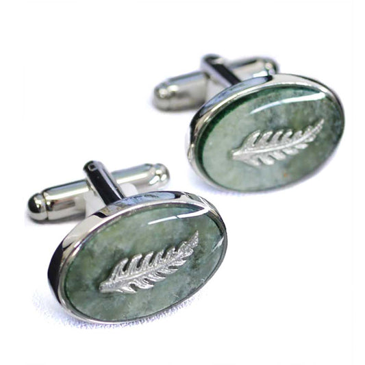 New Zealand Greenstone Silver Fern Oval Cufflinks