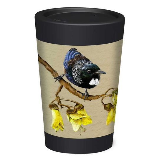 Reusable Coffee Cup Kowhai Two Tuis by Janine Millington