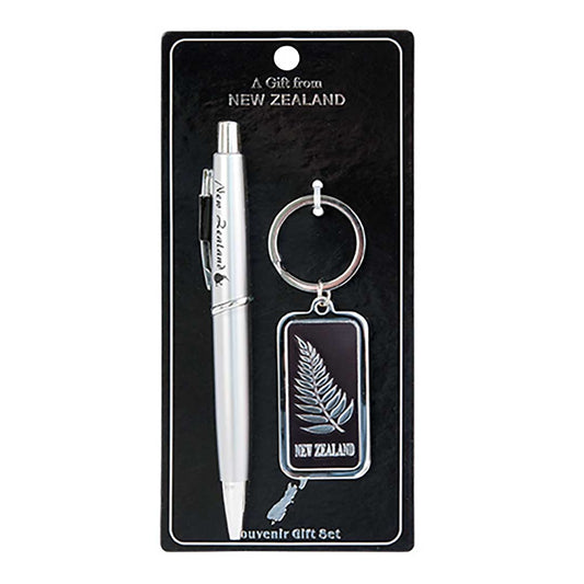 Silver New Zealand Pen and Silver Fern Keyring Set