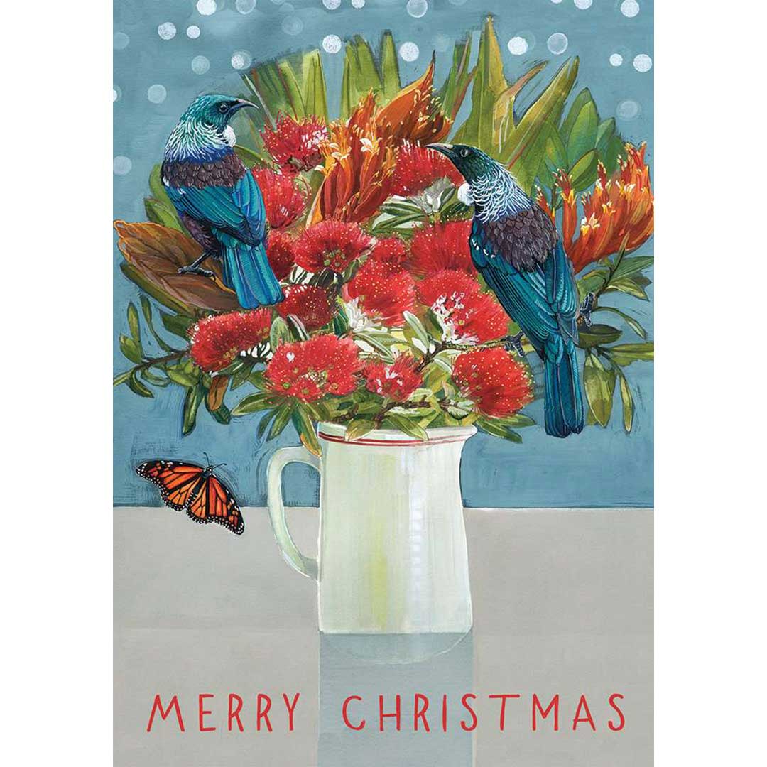 Tui In The Pohutukawa Vase Christmas Card by Jane Galloway