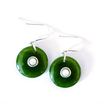 Greenstone Circle Earrings with Pearl and Satin Finish