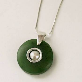 Greenstone Circle Pendant with Pearl and Satin Finish