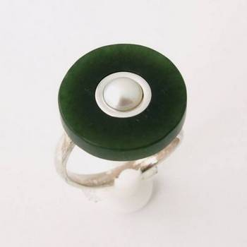 Greenstone Disc Ring with Fresh Water Pearl and Adjustable Shank