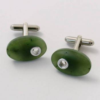 Greenstone Oval Cuff Links with Silver Inlay