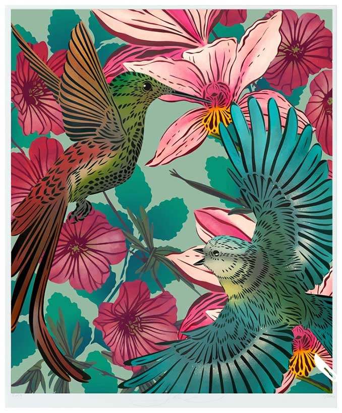 Heavenly Hummingbirds A4 Art Print Signed and Dated by Flox