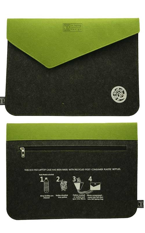 Jo Luping Design - Ecofelt Laptop Bag - Ponga Grey & Green