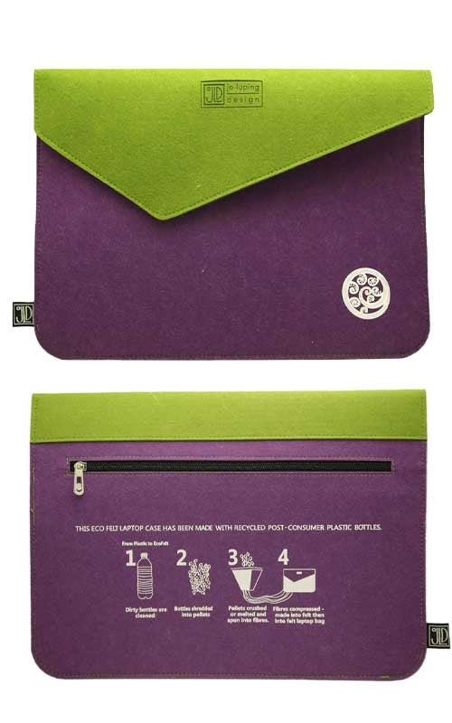 Jo Luping Design - Ecofelt Laptop Bag - Ponga Purple & Green