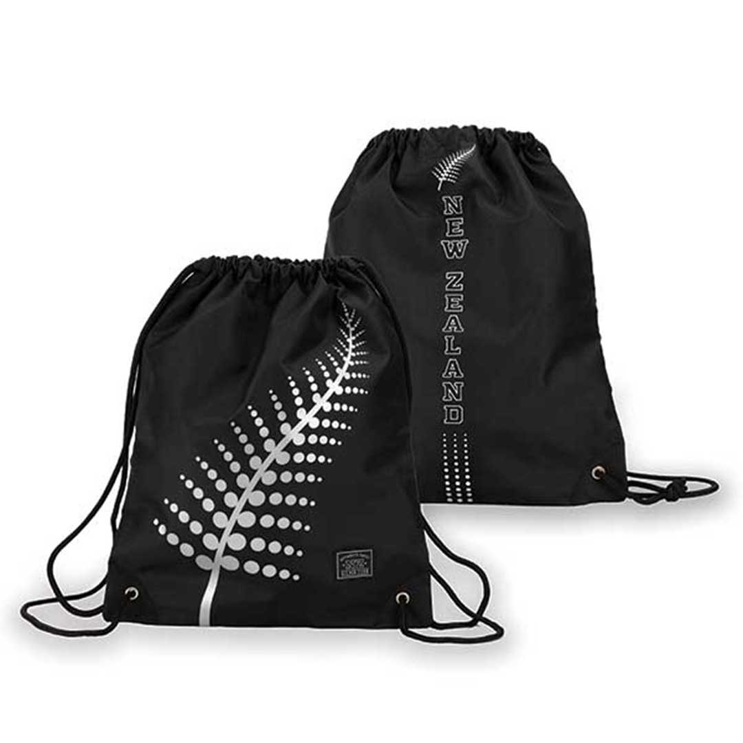 Kiwi Pride Black Drawstring Silver Fern Bag