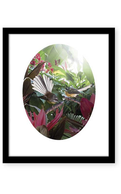 Lost In Paradise - NZ Fantail Oval Framed Art Print by Lucy G Black