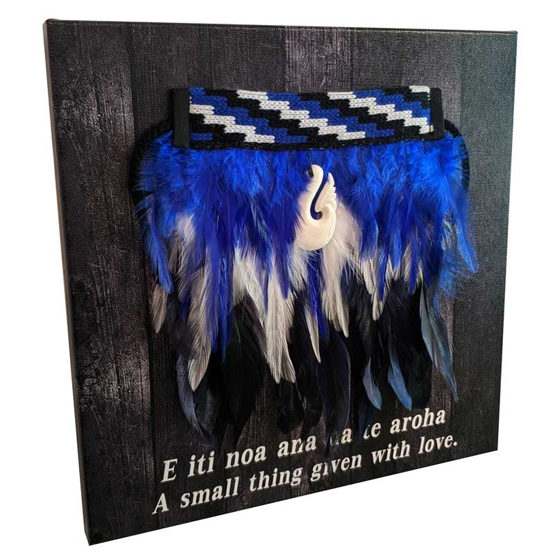 Mini Korowai on Canvas - Maori Cloak - Blue - Side