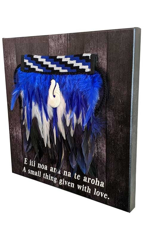 Mini Korowai on Canvas - Maori Cloak - Blue - Side