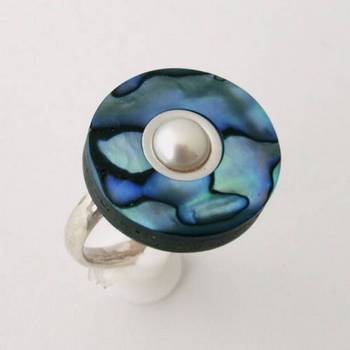 Paua Laminate Disc Ring with Fresh Water Pearl and Adjustable Shank